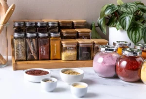 A neatly organized Mauritian pantry with jars of spices and herbs commonly used in Mauritian dishes, featuring turmeric, paprika, cardamom, and other essentials for traditional Mauritian food.