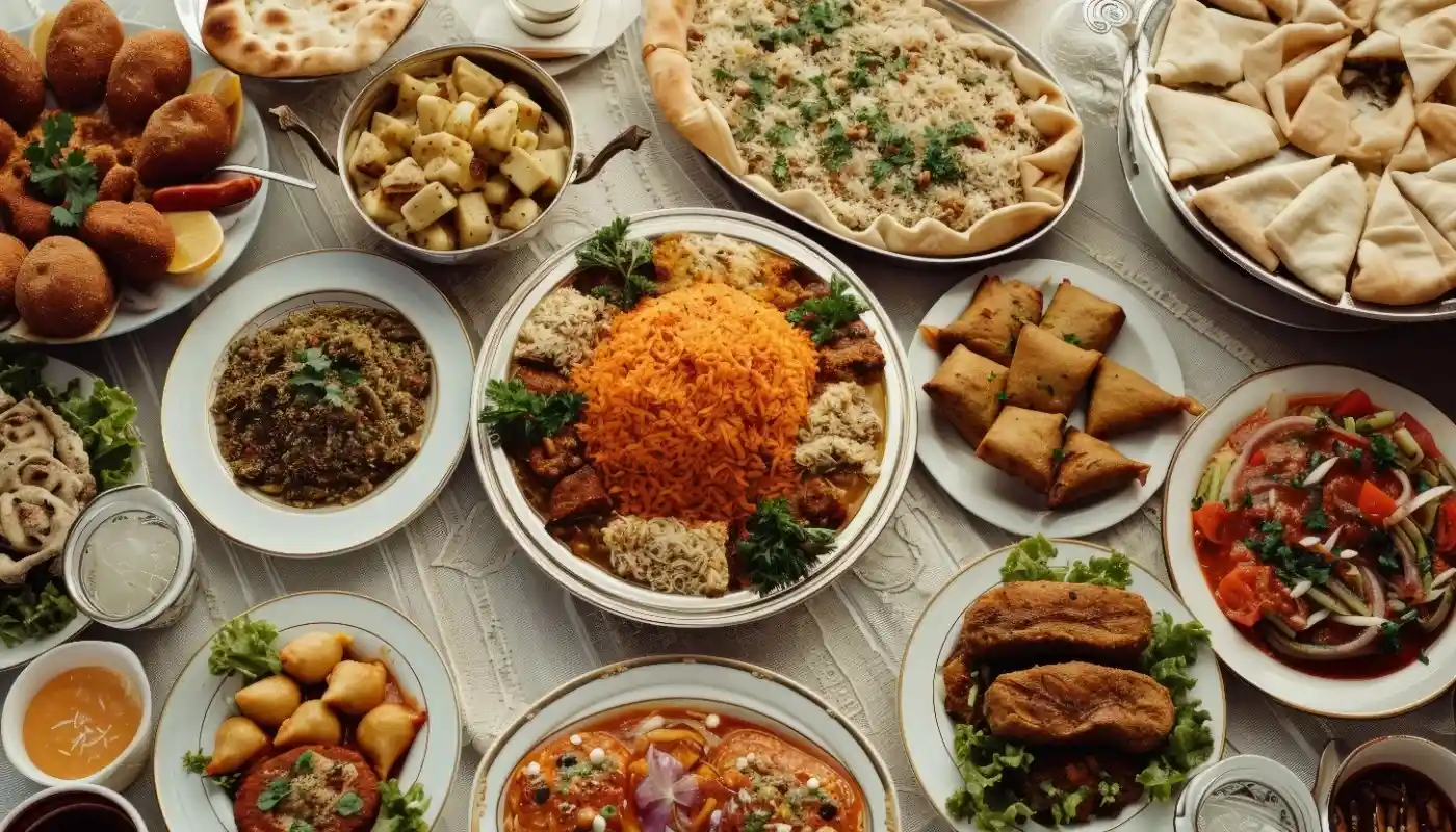 Mauritian food spread with briyani, gateaux piments, samosas, chutneys, and traditional home-style dishes on a table.