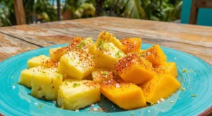 Fresh tropical fruit cubes seasoned with Mauritius masala and tangy spices, a popular Mauritian street-style snack from Mauritian Food Online