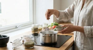 A person in a linen shirt sprinkles dried herbs and spices from a bowl into a steaming pot on an induction stove in a bright, modern kitchen, possibly preparing a dish with Mauritius masala.