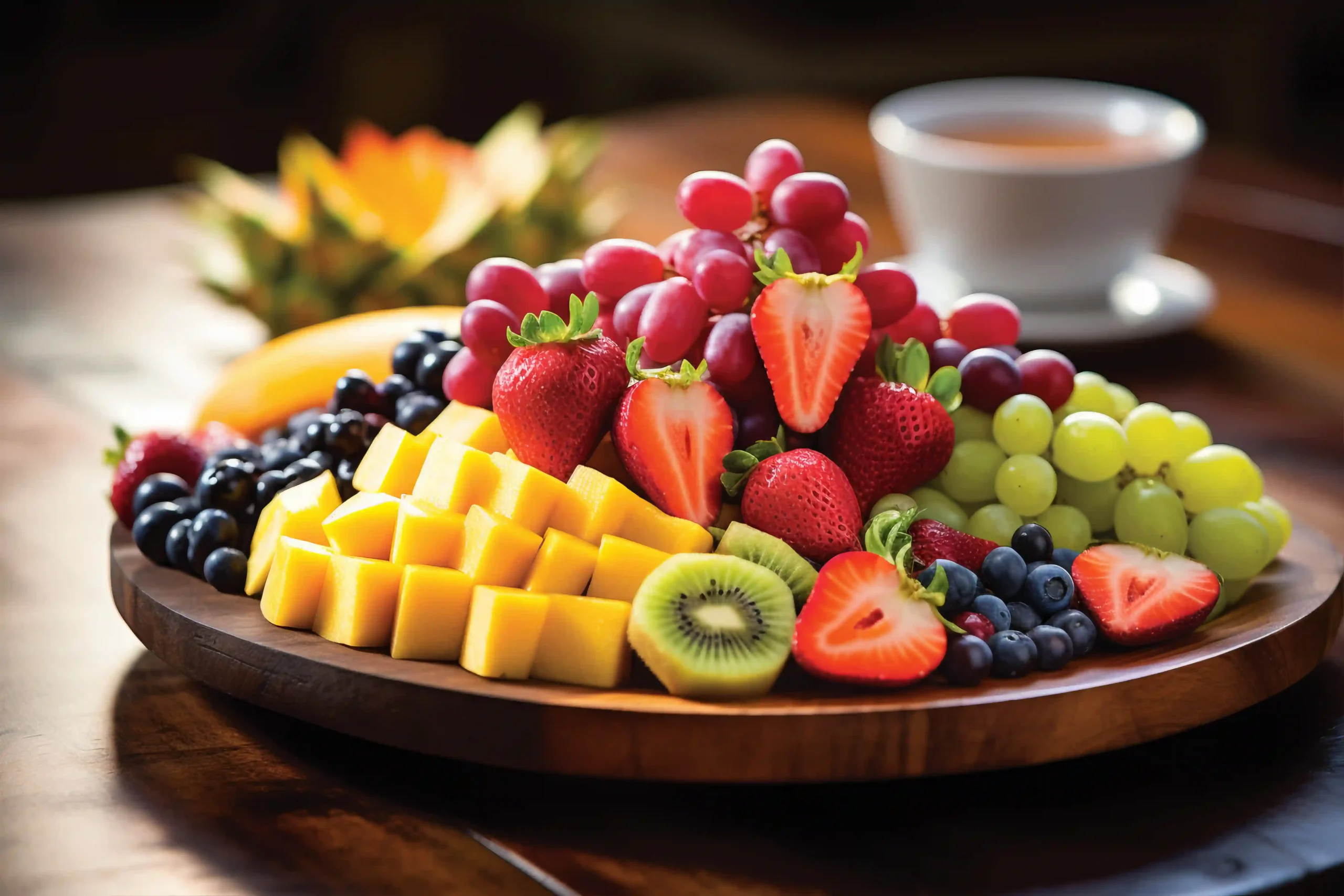 Fresh Mauritian fruits platter with tropical fruits including mango, banana, and berries