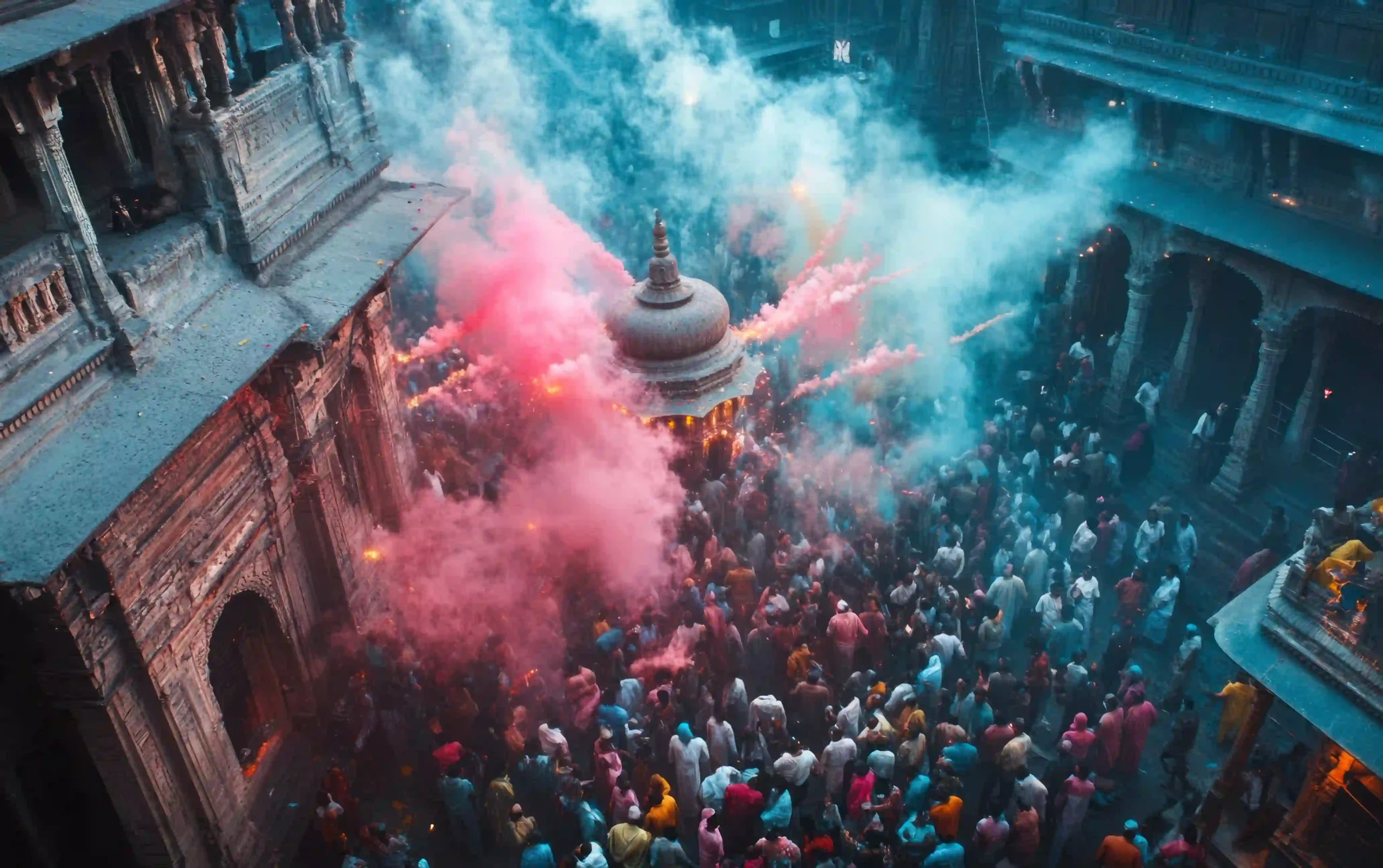 Crowds celebrating a vibrant Mauritian festival with colourful smoke and traditional rituals at a historic temple.