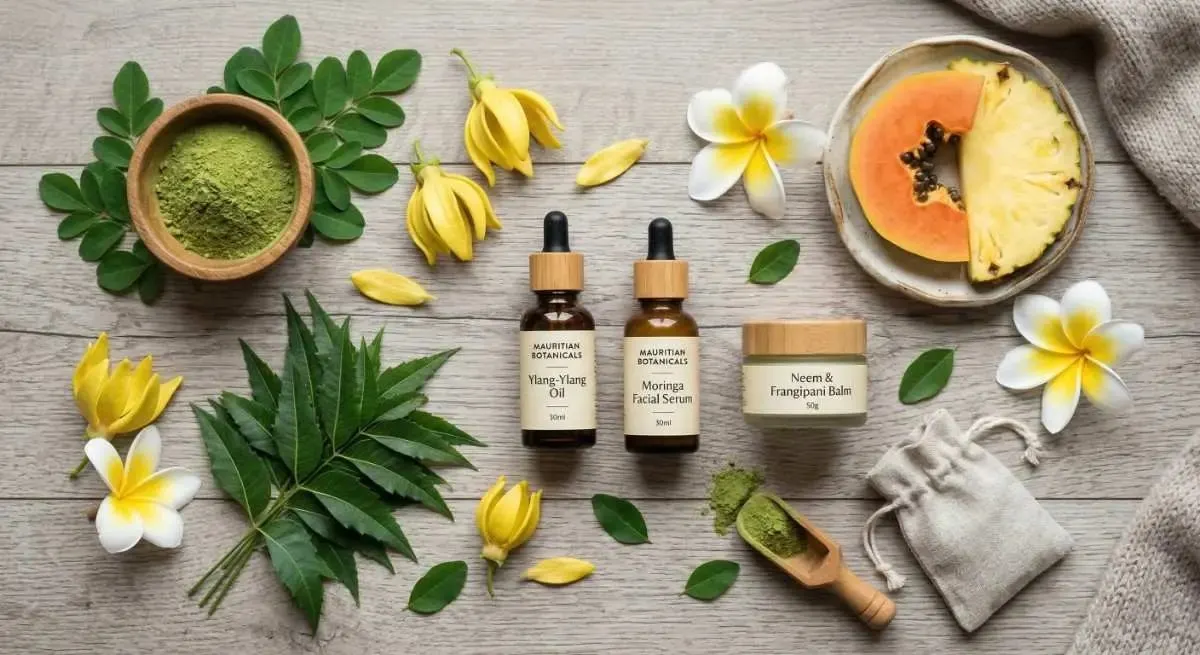 Mauritian herbal beauty products: Moringa serum, Ylang-Ylang oil, and Neem balm surrounded by fresh tropical ingredients.