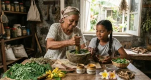 An older Mauritian woman and young girl grinding traditional herbal remedies using a mortar and pestle, with jars labeled Neem Oil and Turmeric nearby in a rustic workshop.