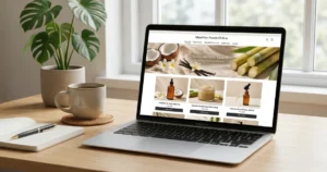 A silver MacBook laptop on a light wood desk, open to the "Mauritian Foods Online" e-commerce website homepage, which is displaying various island-inspired beauty products including Coconut Body Oil, Sugarcane Scrub, and Vanilla Facial Serum.