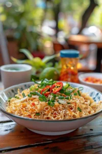 Mauritian noodles dish made with Apollo noodles, garnished with chillies and herbs, representing authentic Mauritian food UK