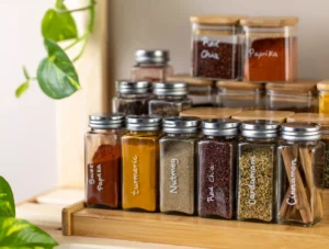 Mauritian spices displayed in glass jars including turmeric, paprika, coriander, and cinnamon for authentic Mauritian cooking