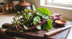 A vibrant, twine-tied bunch of red-stemmed Malabar spinach (Basella alba), also known as Ceylon spinach or vine spinach, resting on a rustic wooden cutting board. A chef's knife and a small bowl with sliced garlic and red chilies are next to the spinach in a kitchen setting.