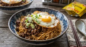 A rustic, satisfying bowl of minced meat noodles made with authentic Apollo Noodles UK, topped with a fried egg and fresh spring onions. A yellow packet of Mauritian Apollo noodles rests on a wooden table in the background.