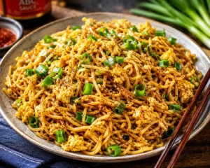 A hearty plate of classic Mine Frite Mauritian fried noodles made with authentic Apollo Noodles UK, tossed with scrambled eggs and freshly chopped spring onions.