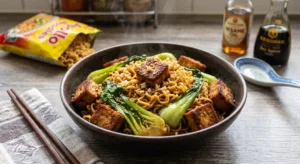 A steaming bowl of a delicious vegan vegetable noodle recipe featuring crispy tofu, wilted pak choi, and authentic Apollo Noodles UK. A yellow packet of Mauritian Apollo noodles and condiments sit on the wooden table in the background.