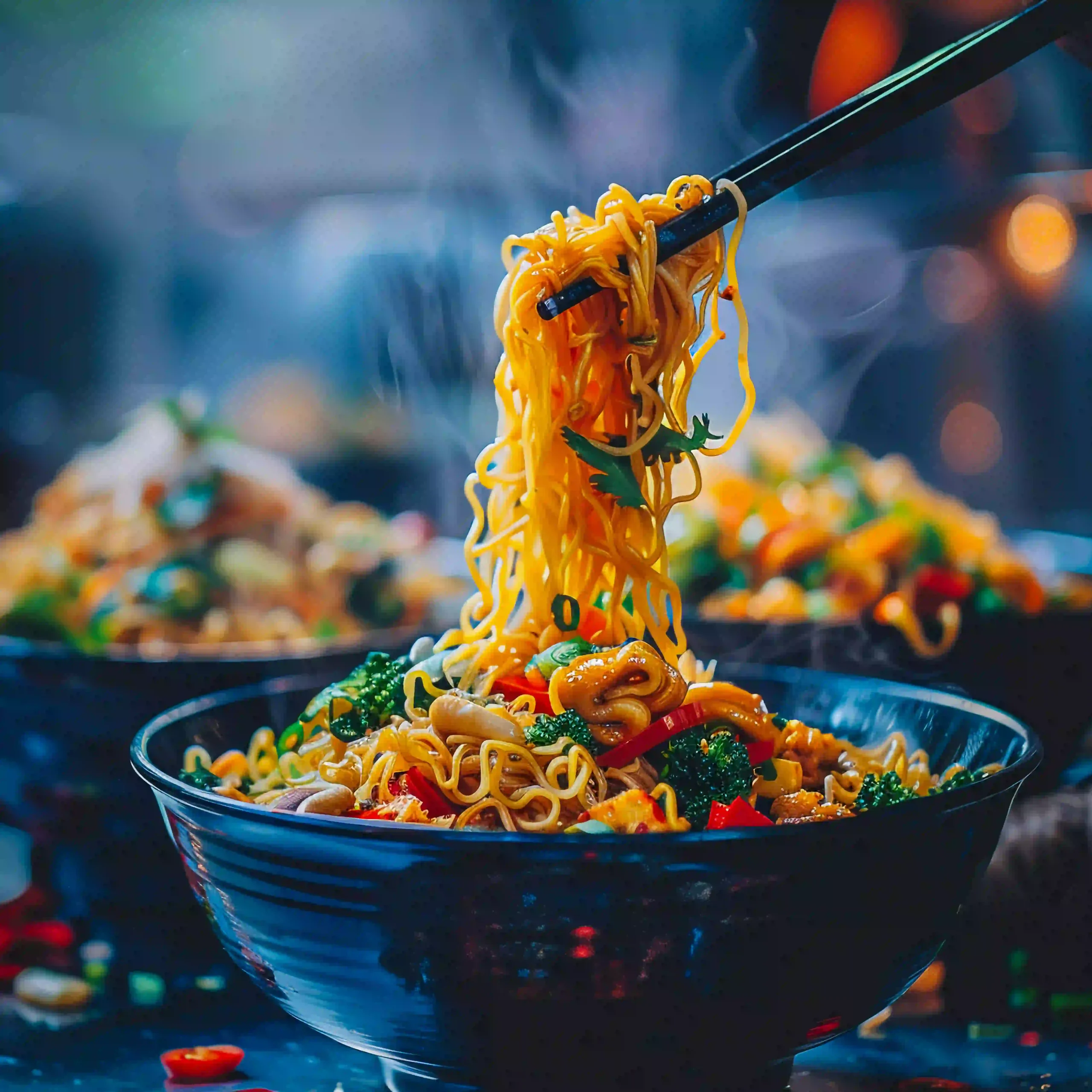 Chopsticks lifting a steaming, delicious bowl of authentic Mauritian Apollo Noodles UK mixed with fresh vegetables.