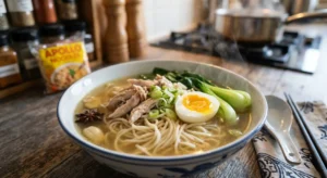 A steaming bowl of authentic Mine Bouillon Mauritian noodle soup made with Apollo Noodles UK, topped with shredded chicken, a soft-boiled egg, star anise, and bok choy in a clear, aromatic broth.