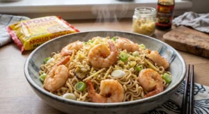 A light, fragrant bowl of Prawn and Ginger noodles featuring plump shrimp, spring onions, and authentic Apollo Noodles UK. A yellow packet of Mauritian Apollo noodles is in the background.