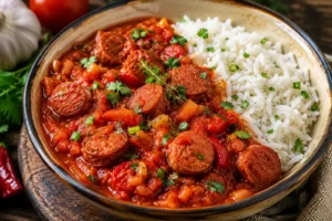 Authentic Rougaille Saucisse served with rice, featuring smoked sausage cooked in a rich tomato sauce with onions, garlic, herbs, and traditional Mauritian spices.