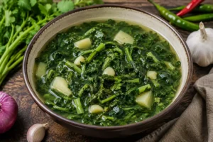 Authentic Bouillon Brèdes soup made with leafy greens, garlic, ginger, and fresh vegetables in a light Mauritian broth.