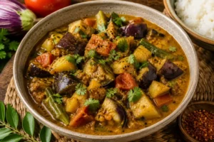 Authentic Cari Bringelle made with aubergine, tomatoes, Mauritian curry powder, and aromatic spices served in a traditional Mauritian curry.