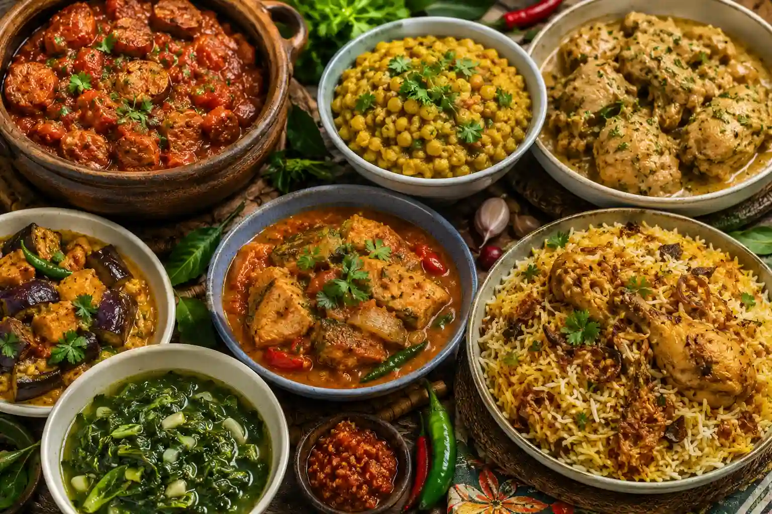 Authentic Mauritian recipes featuring Rougaille Saucisse, Cari Gros Pois, Tuna Daube, Bouillon Brèdes, Cari Bringelle, and Briani Mauricien prepared with Mauritian curry powder and traditional Mauritian masala.