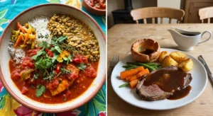 Side-by-side comparison of Mauritian Creole cuisine and traditional British cuisine featuring Rougaille, rice, lentils, roast beef, Yorkshire pudding and vegetables.