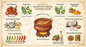 Infographic showing the flavour blueprint of Mauritian Creole cuisine with tomatoes, garlic, ginger, thyme, turmeric, coconut, tamarind, mustard seeds and traditional cooking methods.