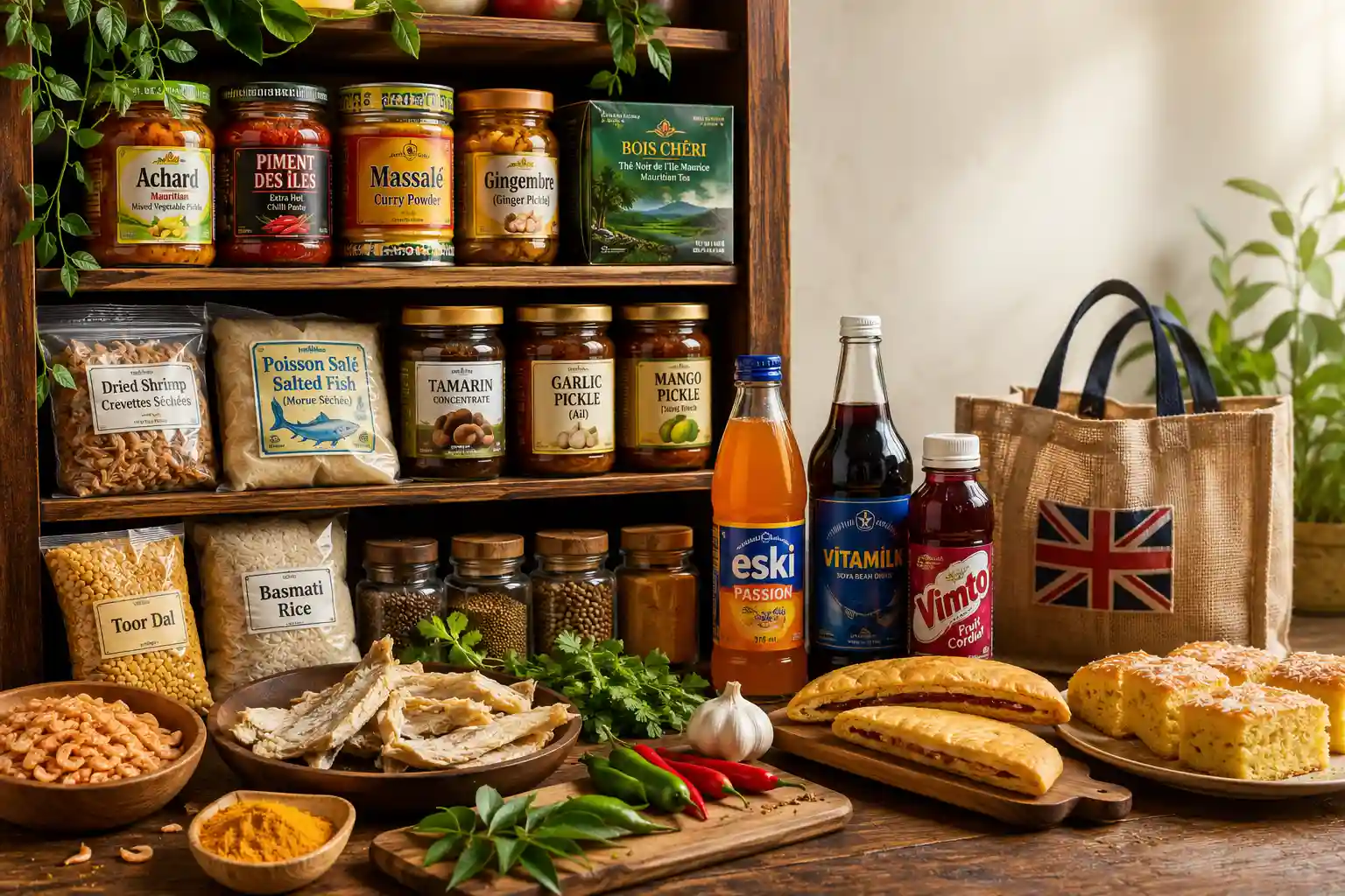 Mauritian pantry with authentic groceries including achard, piment des îles, Mauritian curry powder, dried shrimp, salt fish, Eski soft drink, Bois Chéri tea, spices, and traditional baked treats arranged on wooden shelves for a UK Mauritian kitchen.