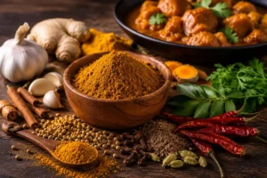 Authentic Mauritian curry powder (massalé) in a wooden bowl surrounded by coriander, cumin, turmeric, dried chillies, garlic, ginger, curry leaves, and whole spices used in traditional Mauritian cooking.