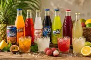 Traditional Mauritian soft drinks including Eski soft drink, Alouda, tropical fruit beverages, and refreshing island drinks served with fresh fruits and ice.
