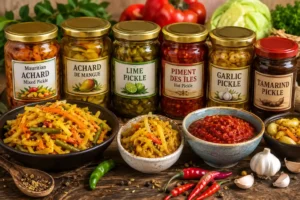 Traditional Mauritian achards and pickles, including mango achard, piment des îles, lime pickle, garlic pickle, and tamarind pickle, displayed with authentic Mauritian condiments and spices.