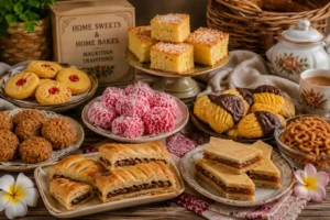 Traditional Mauritian home sweets and home bakes, including Napolitaine, Gato Patate, Gateau Coco, tea cakes, pastries, and homemade baked treats served on a rustic table.