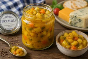 British piccalilli with chunky vegetables and mustard pickle in a glass jar