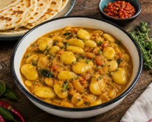 Authentic vegetarian Mauritian Cari Gros Pois made with butter beans (lima beans), Mauritian massalé, tomatoes, curry leaves, thyme, garlic, and turmeric, served in a traditional bowl with dholl puri in the background.