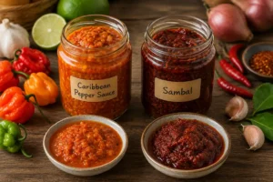 Caribbean pepper sauce and sambal chilli condiments in glass jars