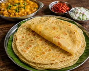 Authentic Mauritian Dholl Puri stuffed with seasoned yellow split peas (dholl) and served with chickpea curry, Piment des Îles chilli paste, and cucumber salad on a traditional banana leaf plate.