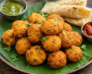 Authentic Mauritian Gato Piment made with yellow split peas, coriander, cumin, garlic, spring onions, and green chilli, served as crispy vegan Mauritian street food with dholl puri and Piment des Îles chilli paste.