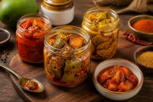 Traditional Indian achar with mango and vegetable pickles in glass jars