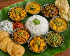 Authentic Mauritian Sept Cari served on a banana leaf with seven vegetarian curries including potato masala, dal brinzel, green banana curry, pumpkin curry, green bean curry, jackfruit curry, steamed rice, ti puri, papadum, and Mauritian achard.