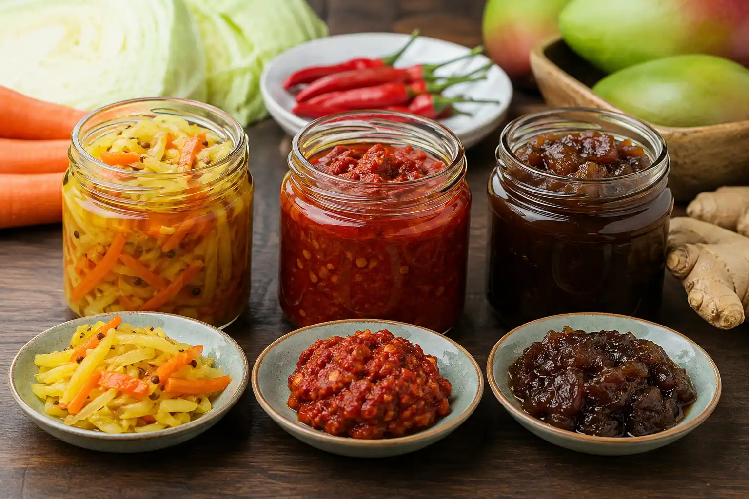 Mauritian achard, Mauritian pickles and Piment des Îles served in jars