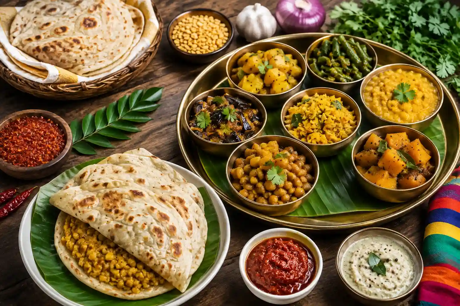 Authentic vegetarian Mauritian dishes including dholl puri, sept cari, gato piment, cari gros pois, rougaille légumes, pumpkin curry, and green bean curry served on a banana leaf with traditional Mauritian spices and vegan side dishes in a UK kitchen.