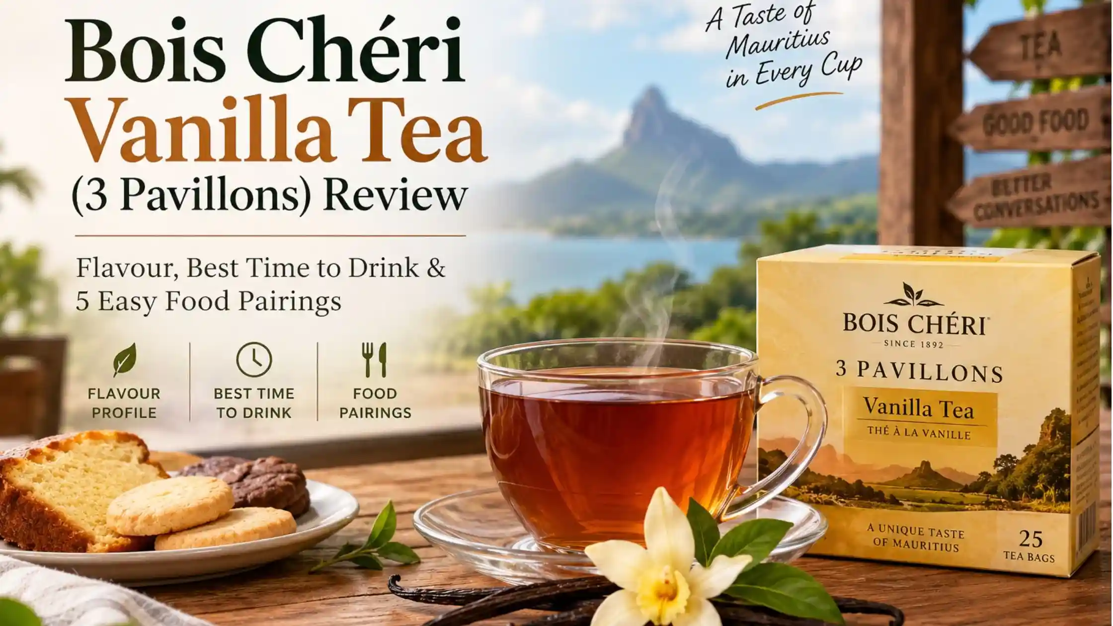 Bois Chéri 3 Pavillons Vanilla Tea with a cup of vanilla black tea and tea-time treats