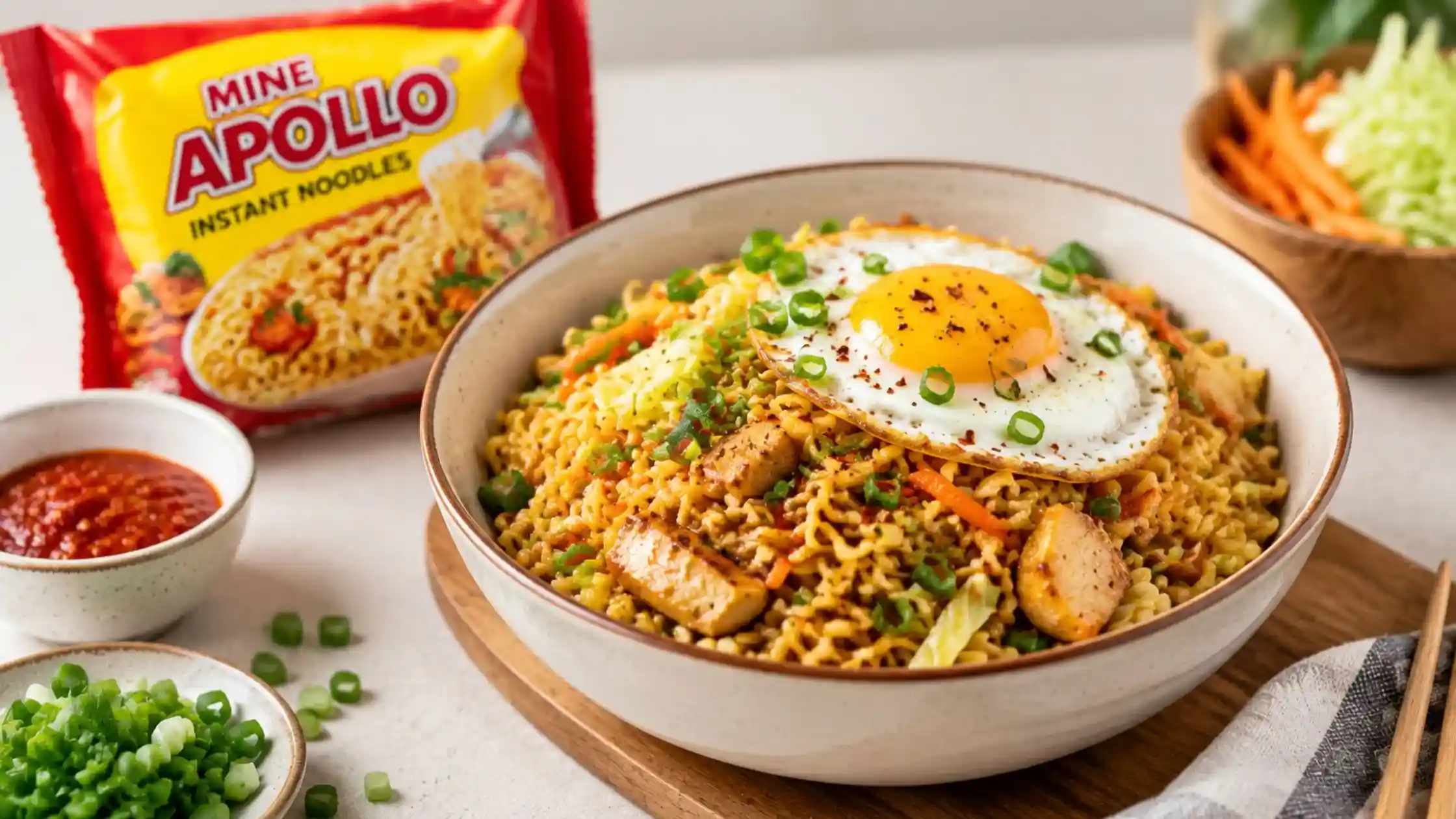 Mine Apollo Noodles served with egg, vegetables, chicken, and Mauritian-inspired flavours for a complete meal